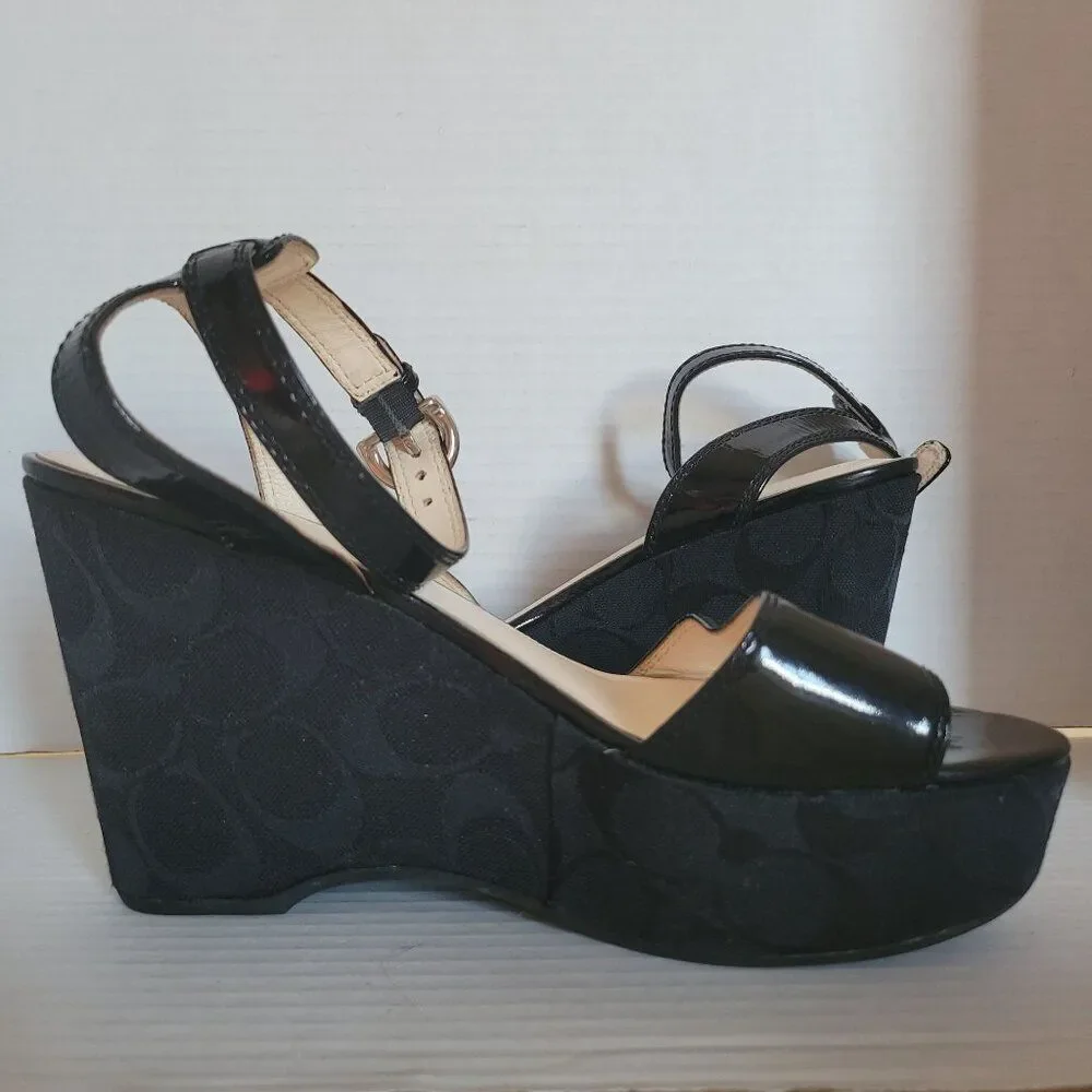 Coach Wedge Heels Sandals Platform Black Patent Leather Nalene Women's Woman's 7